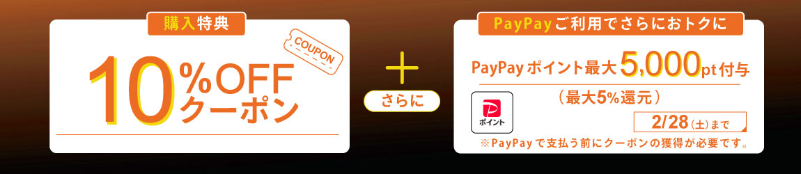 【購入特典】10％OFFクーポン配布中！さらに2月28日まで、税込5,000円以上お支払いで最大5％戻ってくる！PayPayクーポンも！