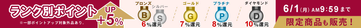 6/1 AM9:59まで開催！会員ランク別ポイント+5%UPキャンペーン！期間限定ポイントアップ商品も販売中！