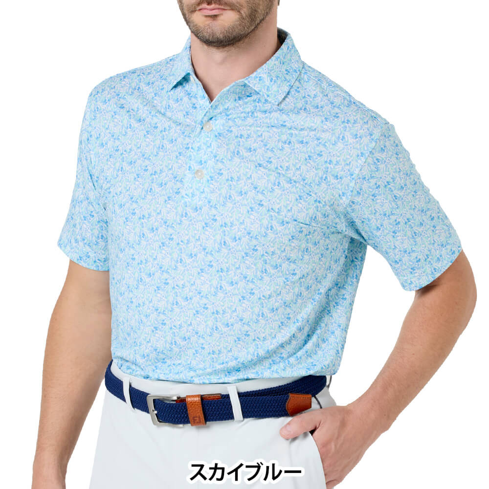 フットジョイ FootJoy　メンズ メドウプリント ストレッチライル 半袖 ポロシャツ FJ-S26-S01　2026年モデル スカイブルー 正面着用
