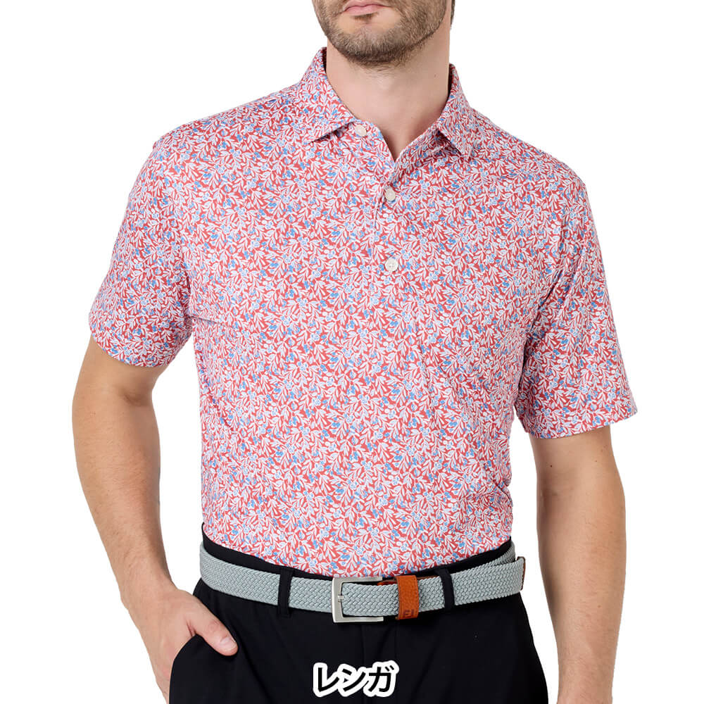 フットジョイ FootJoy　メンズ メドウプリント ストレッチライル 半袖 ポロシャツ FJ-S26-S01　2026年モデル レンガ 正面着用