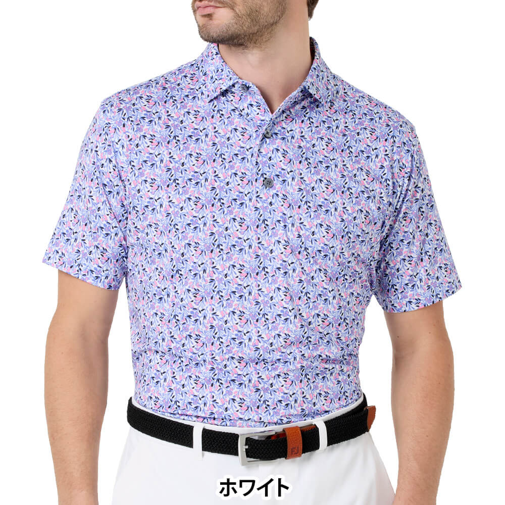 フットジョイ FootJoy　メンズ メドウプリント ストレッチライル 半袖 ポロシャツ FJ-S26-S01　2026年モデル ホワイト系 正面着用