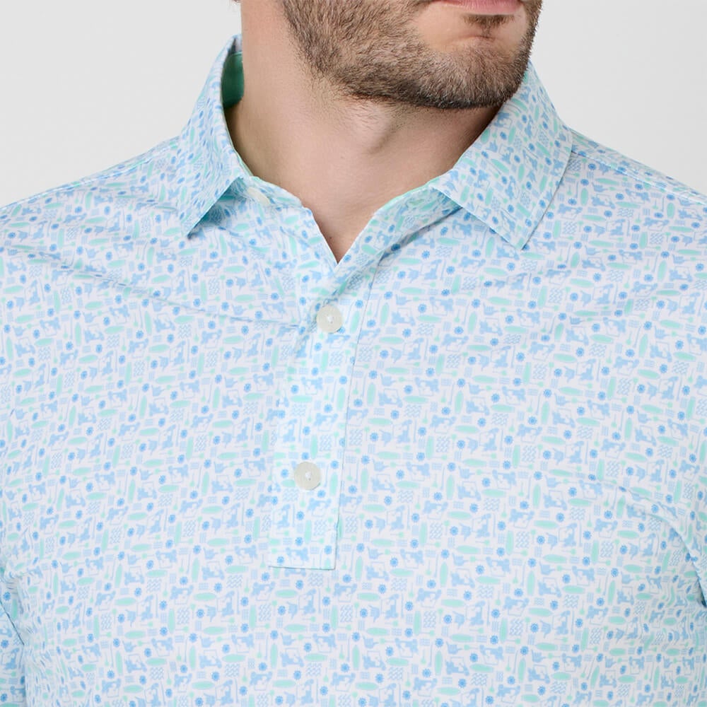 フットジョイ FootJoy　メンズ サーフズアップ ストレッチライル 半袖 ポロシャツ FJ-S26-S04　2026年モデル スカイブルー/ホワイト 襟元・柄 ディテール
