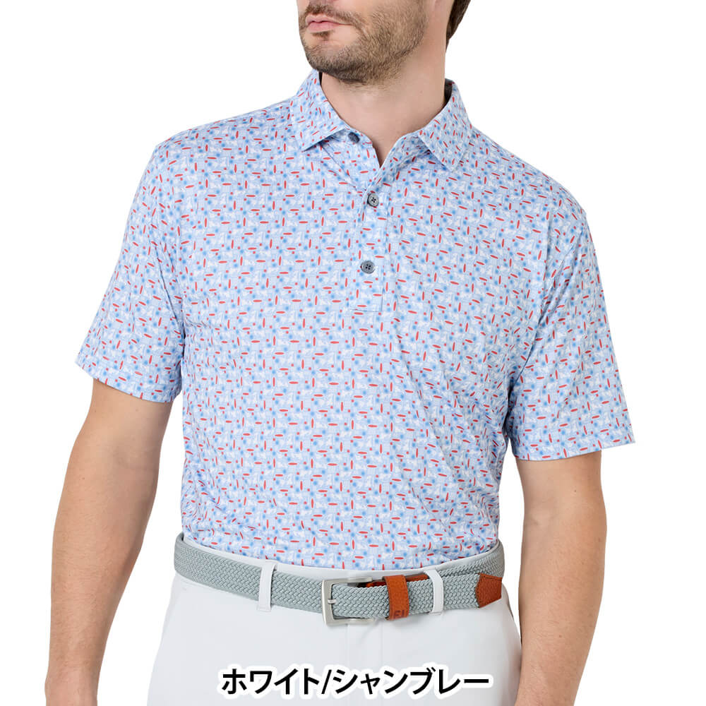フットジョイ FootJoy　メンズ サーフズアップ ストレッチライル 半袖 ポロシャツ FJ-S26-S04　2026年モデル ホワイト/シャンブレー 正面着用
