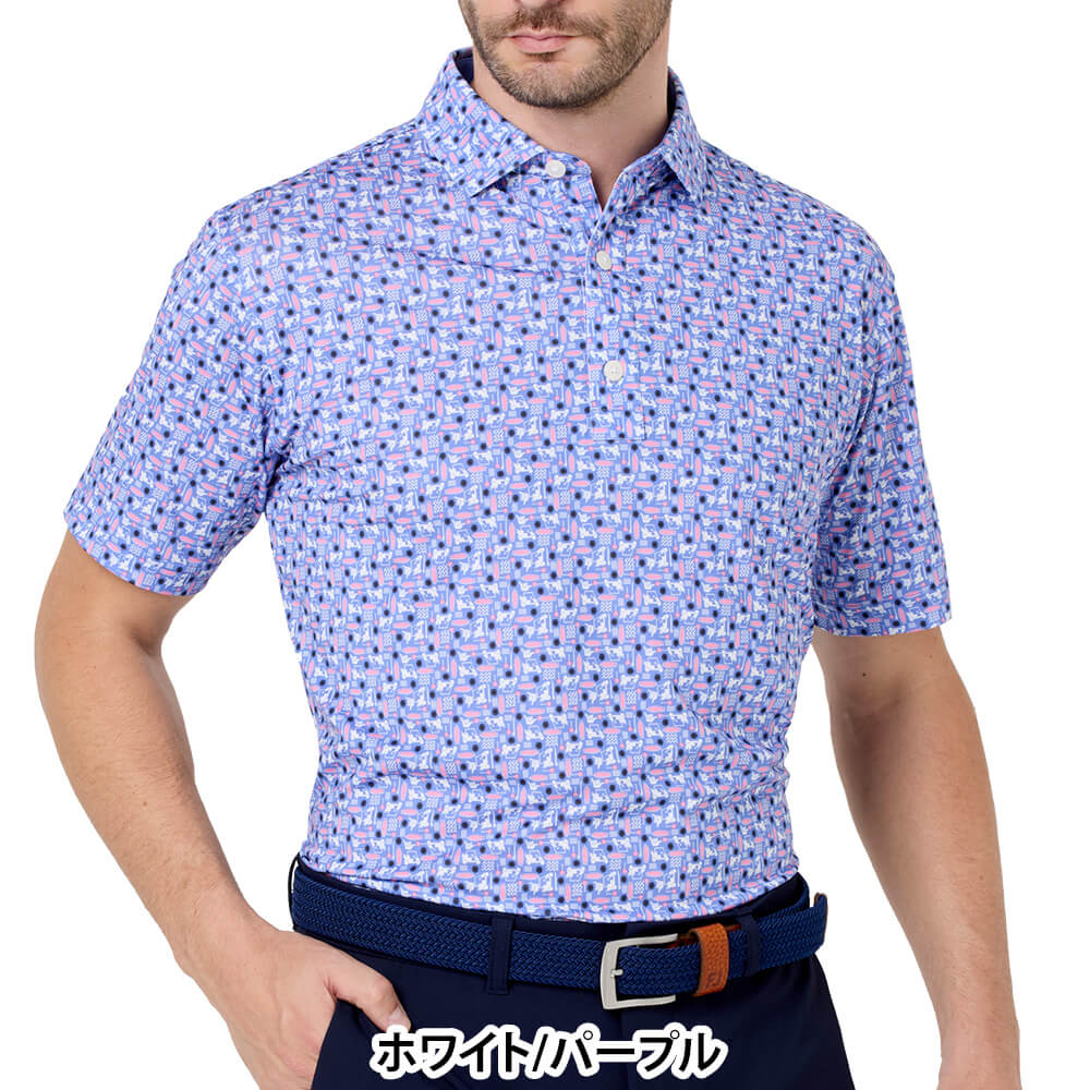 フットジョイ FootJoy　メンズ サーフズアップ ストレッチライル 半袖 ポロシャツ FJ-S26-S04　2026年モデル ホワイト/パープル 正面着用