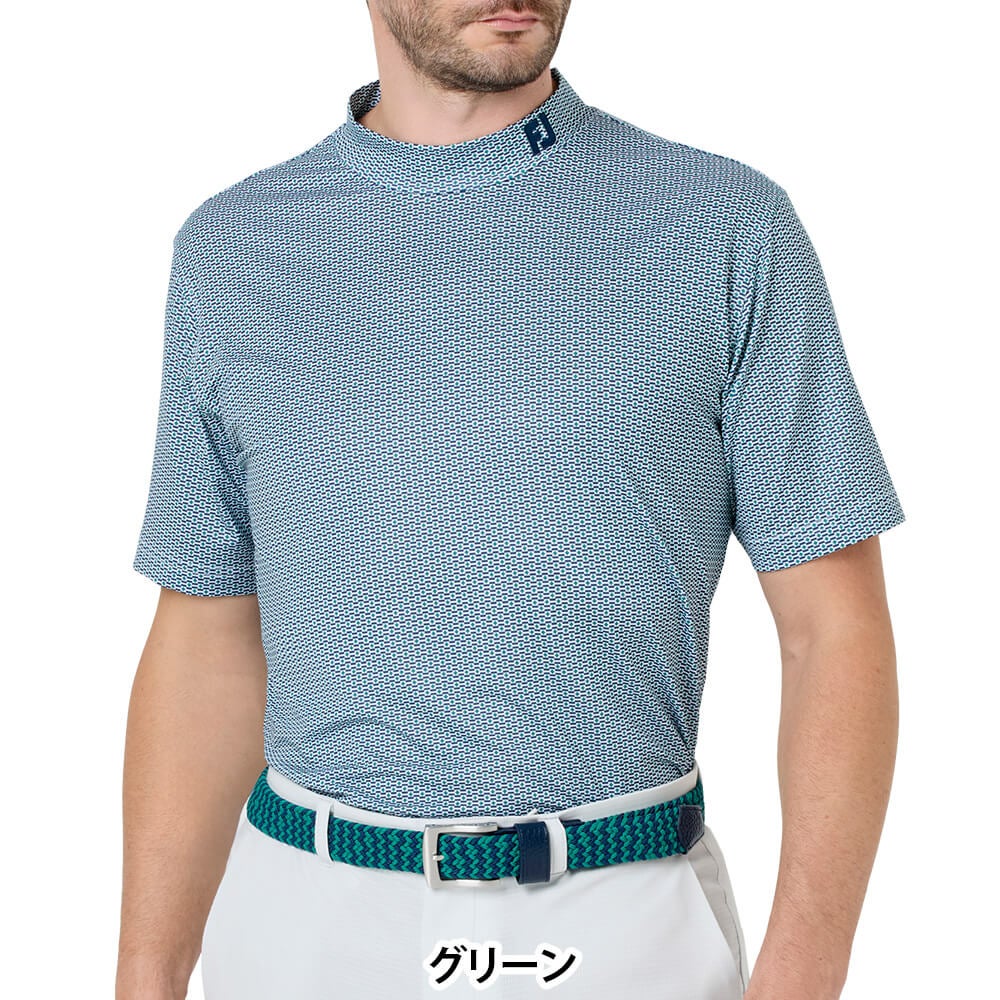 フットジョイ FootJoy　メンズ ノーティカルフラッグ ストレッチライル 半袖 モックネック シャツ FJ-S26-S06　2026年モデル グリーン 正面着用