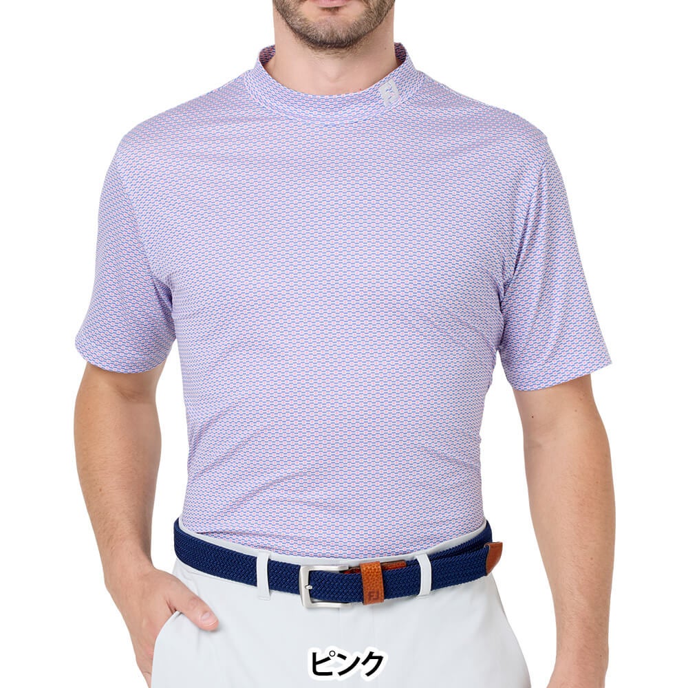 フットジョイ FootJoy　メンズ ノーティカルフラッグ ストレッチライル 半袖 モックネック シャツ FJ-S26-S06　2026年モデル ピンク 正面着用