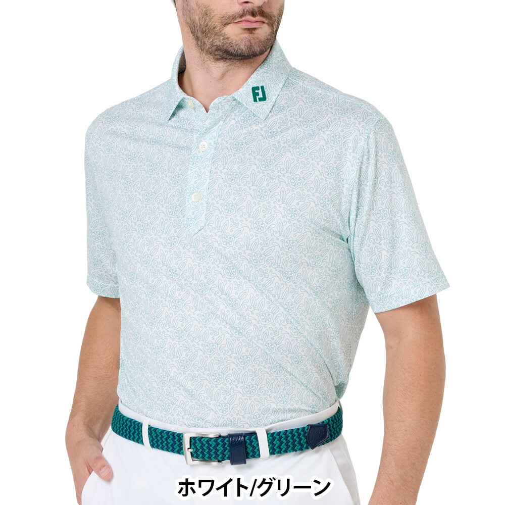 フットジョイ FootJoy　メンズ ウィングチップフローラル ストレッチライル 半袖 ポロシャツ FJ-S26-S07　2026年モデル ホワイト/グリーン 正面着用