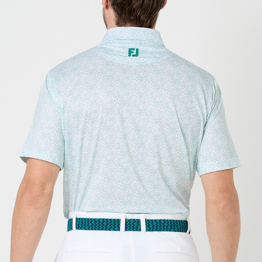 フットジョイ FootJoy　メンズ ウィングチップフローラル ストレッチライル 半袖 ポロシャツ FJ-S26-S07　2026年モデル ホワイト/グリーン 背面着用