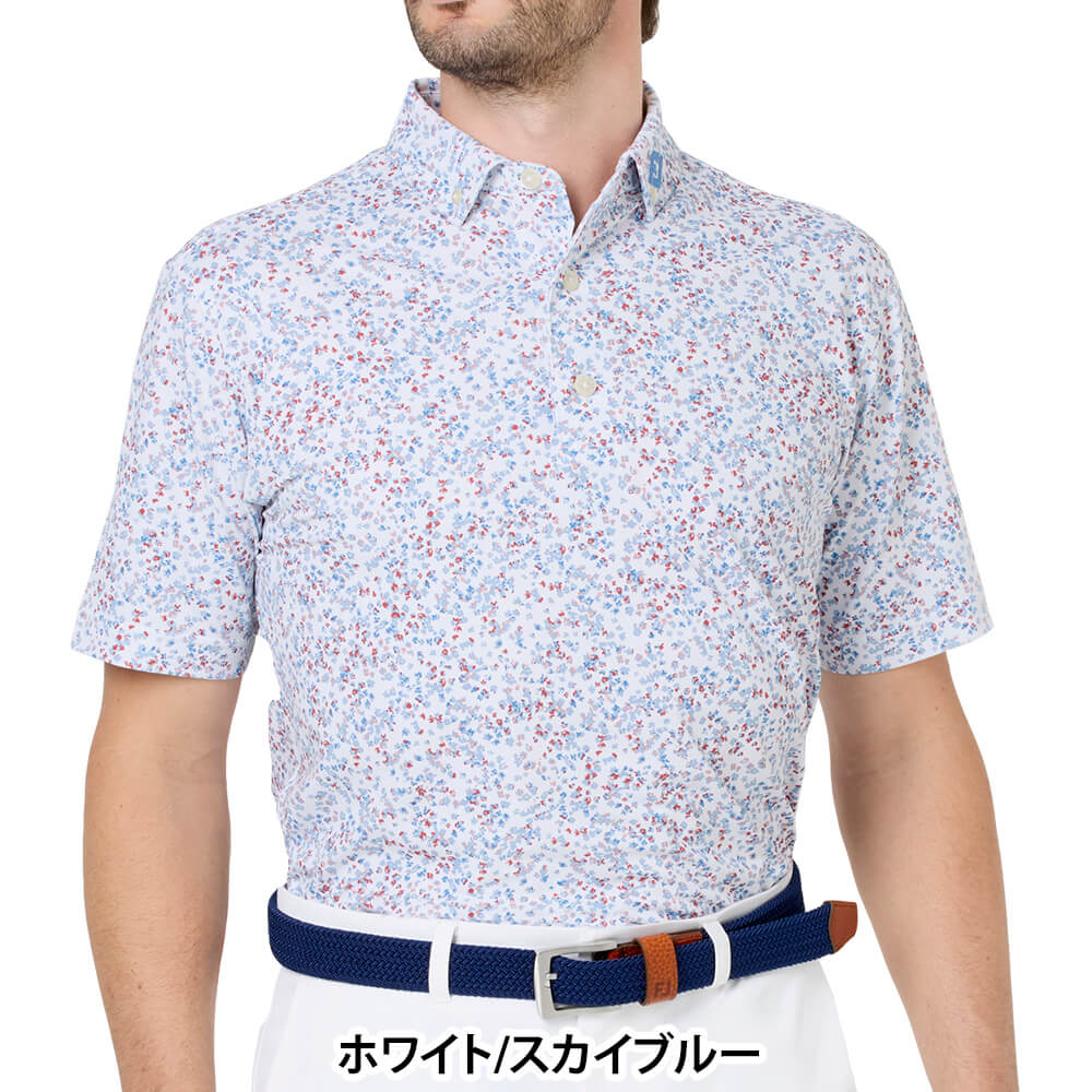 フットジョイ FootJoy　メンズ ウォーターカラー ストレッチ 鹿の子 半袖 ポロシャツ FJ-S26-S08　2026年モデル ホワイト/スカイブルー 正面着用