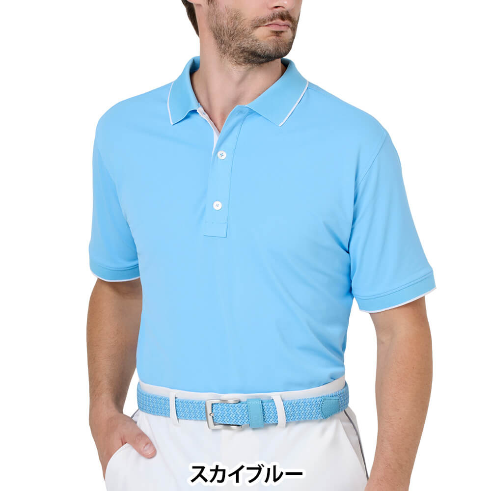 フットジョイ FootJoy　メンズ FJロゴ襟ライン ストレッチ 鹿の子 半袖 ポロシャツ FJ-S26-S09　2026年モデル スカイブルー 正面着用