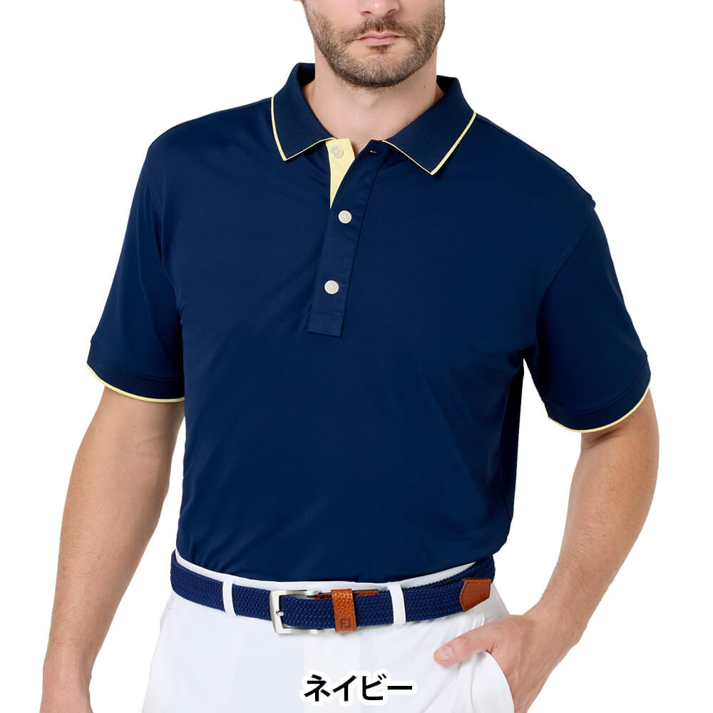 フットジョイ FootJoy　メンズ FJロゴ襟ライン ストレッチ 鹿の子 半袖 ポロシャツ FJ-S26-S09　2026年モデル ネイビー 正面着用