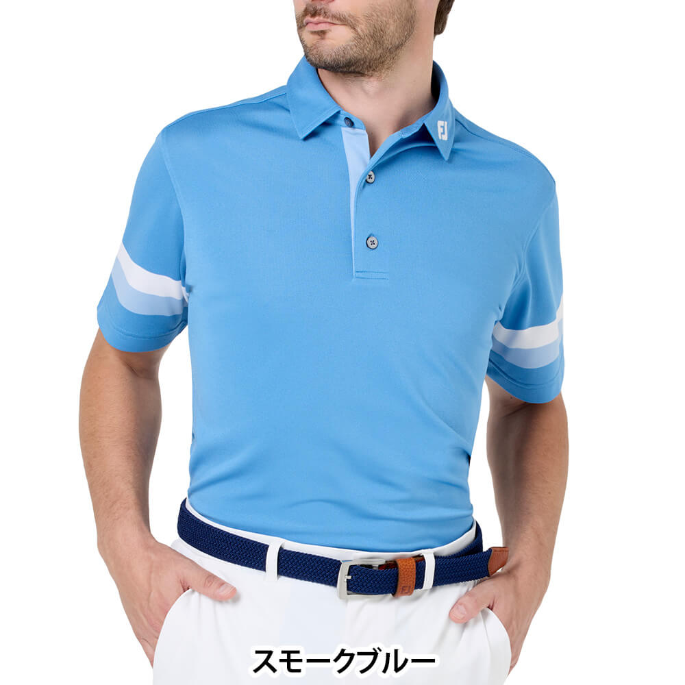 フットジョイ FootJoy　メンズ スリーブストライプ ストレッチ 鹿の子 半袖 ポロシャツ FJ-S26-S10　2026年モデル スモークブルー 正面着用