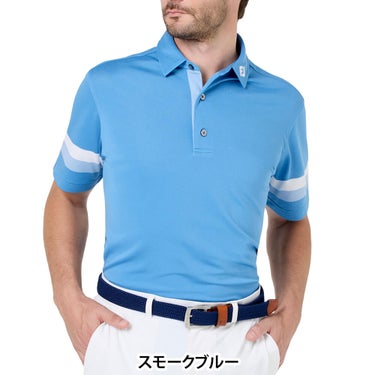 フットジョイ FootJoy　メンズ スリーブストライプ ストレッチ 鹿の子 半袖 ポロシャツ FJ-S26-S10　2026年モデル スモークブルー 正面着用