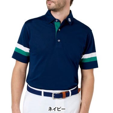 フットジョイ FootJoy　メンズ スリーブストライプ ストレッチ 鹿の子 半袖 ポロシャツ FJ-S26-S10　2026年モデル ネイビー 正面着用
