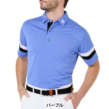 フットジョイ FootJoy　メンズ スリーブストライプ ストレッチ 鹿の子 半袖 ポロシャツ FJ-S26-S10　2026年モデル パープル 正面着用
