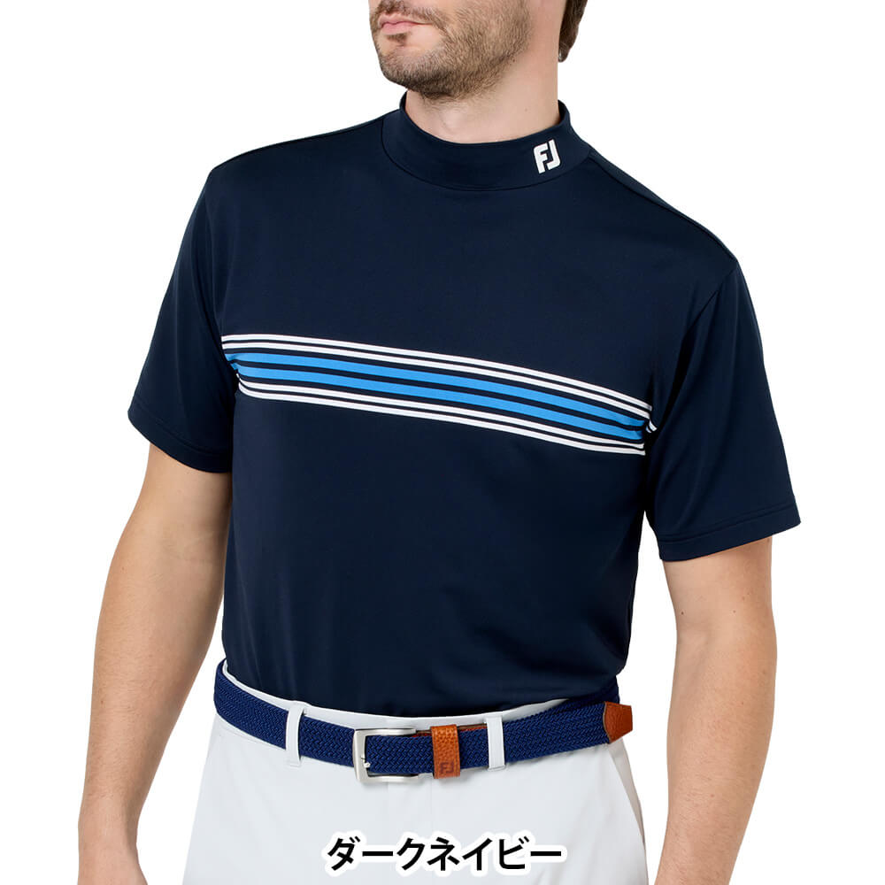 フットジョイ FootJoy　メンズ マルチクーリングメッシュ パネルボーダー 半袖 モックネック シャツ FJ-S26-S15　2026年モデル ダークネイビー 正面着用