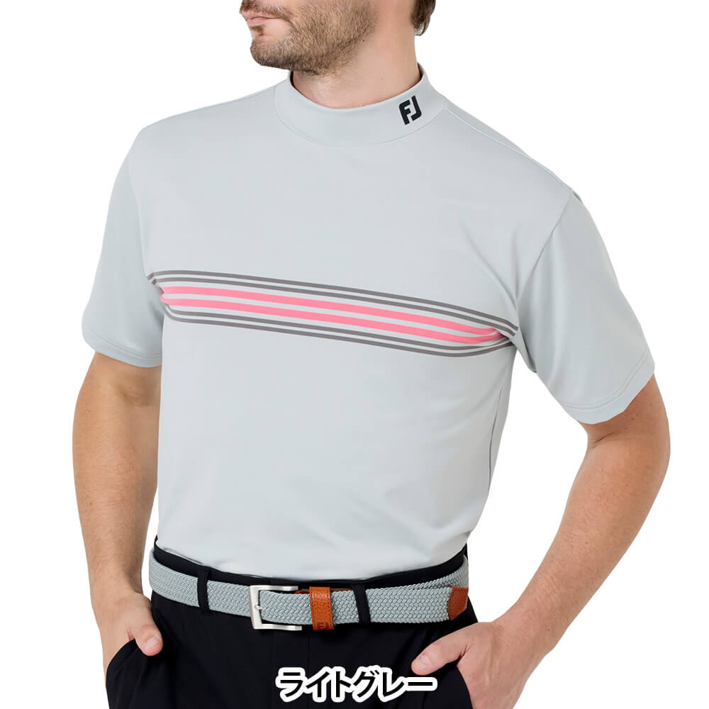 フットジョイ FootJoy　メンズ マルチクーリングメッシュ パネルボーダー 半袖 モックネック シャツ FJ-S26-S15　2026年モデル ライトグレー 正面着用