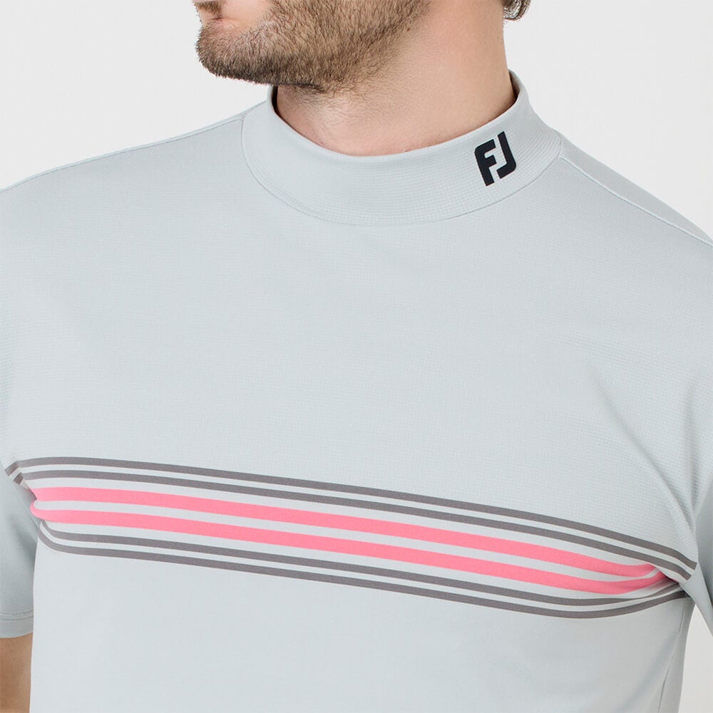 フットジョイ FootJoy　メンズ マルチクーリングメッシュ パネルボーダー 半袖 モックネック シャツ FJ-S26-S15　2026年モデル 胸ボーダー・ネック部 ディテール