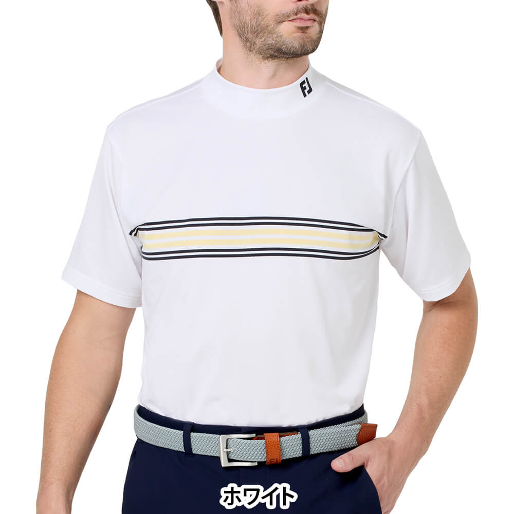 フットジョイ FootJoy　メンズ マルチクーリングメッシュ パネルボーダー 半袖 モックネック シャツ FJ-S26-S15　2026年モデル ホワイト 正面着用