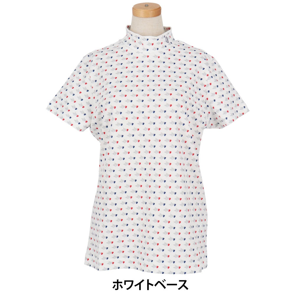 パーリーゲイツ PEARLY GATES　レディース とびうさハート柄 ワッフルプリント 半袖 ハイネックシャツ 055-6267809　2026年モデル ホワイト 正面着用