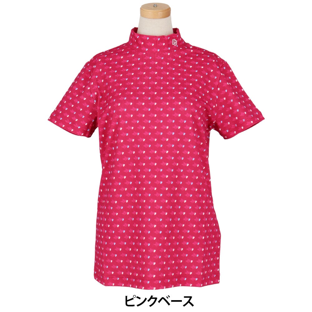 パーリーゲイツ PEARLY GATES　レディース とびうさハート柄 ワッフルプリント 半袖 ハイネックシャツ 055-6267809　2026年モデル ピンク 正面着用