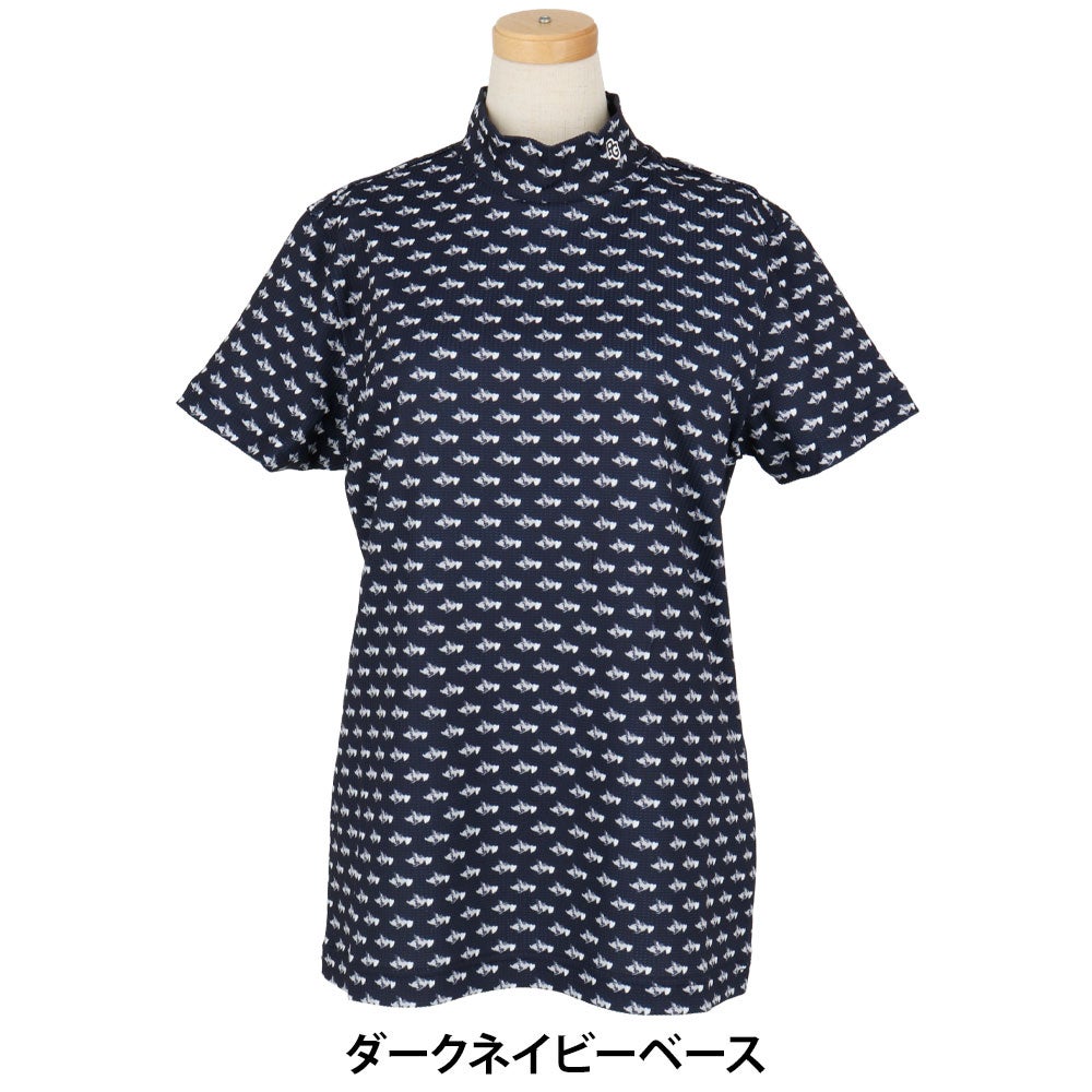 パーリーゲイツ PEARLY GATES　レディース とびうさハート柄 ワッフルプリント 半袖 ハイネックシャツ 055-6267809　2026年モデル ダークネイビー 正面着用