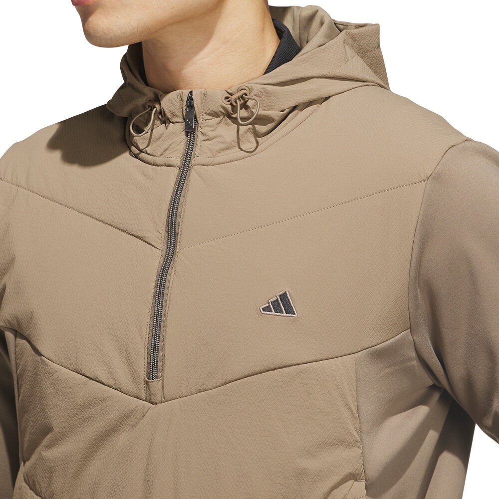 アディダス adidas　メンズ ハーフジップ ハイブリッド ストレッチ 長袖 フーディー P4125　2026年モデル ロゴ・生地ディテール