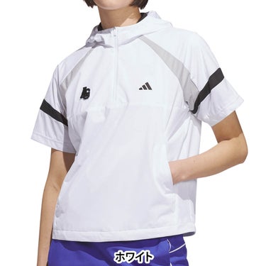 アディダス adidas　レディース ハーフジップ 半袖 フーディー ジャケット QD442　2026年モデル 正面着用