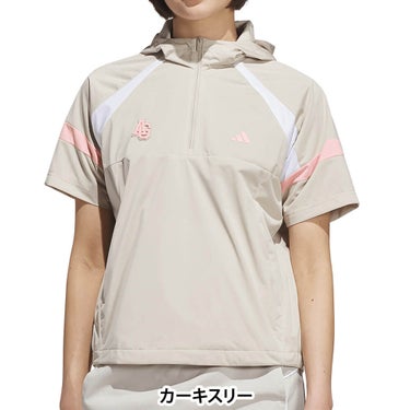 アディダス adidas　レディース ハーフジップ 半袖 フーディー ジャケット QD442　2026年モデル 別カラー 背面着用