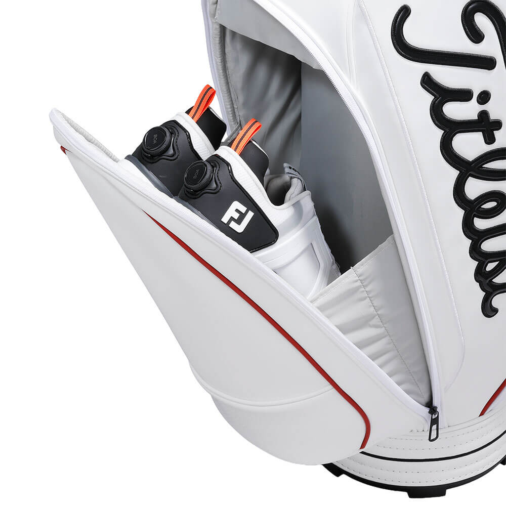 タイトリスト Titleist　パフォーマンスJE メンズ キャディバッグ TB26CTPJE 160 ホワイト×クリムゾン×ブラック　2026年モデル キャディバッグ 小物収納部ディテール
