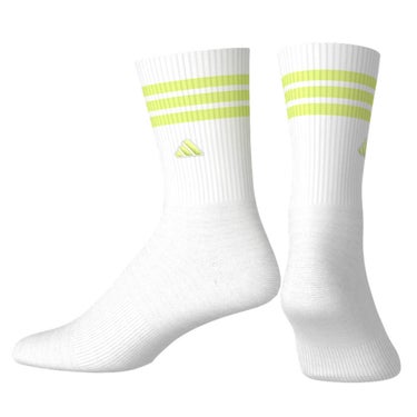 アディダス adidas　レディース クルー丈 スリーストライプス クッションソックス KO387 KH4214 ホワイト/セミフローズンレモン　2026年モデル ホワイト/フローズンレモン