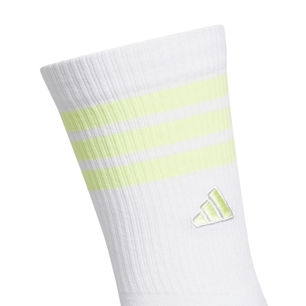 アディダス adidas　レディース クルー丈 スリーストライプス クッションソックス KO387 KH4214 ホワイト/セミフローズンレモン　2026年モデル ソックス 全体・側面