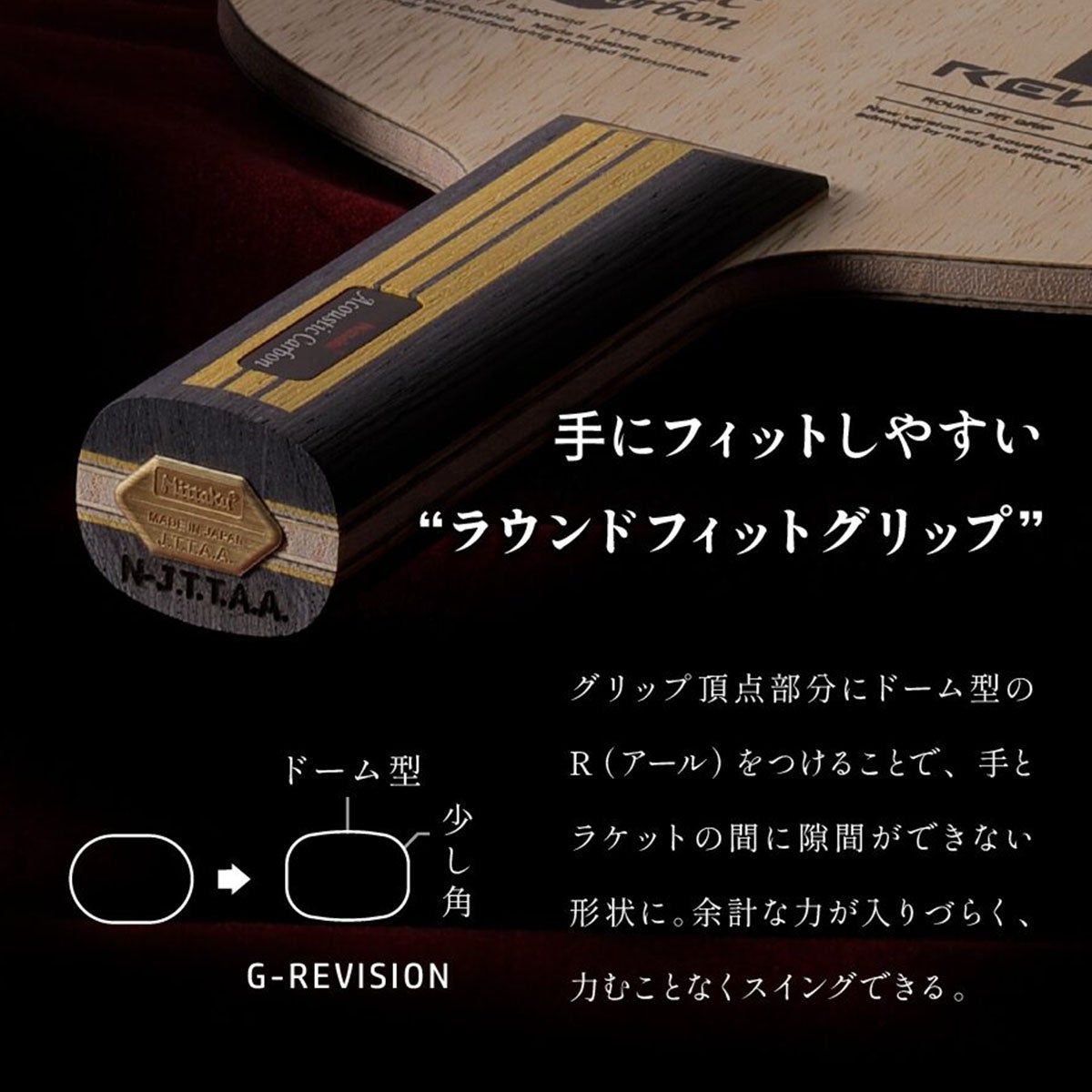 ニッタク Nittaku　卓球ラケット アコースティックカーボン G-REVISION シェークラケット NC-0494 NC-0495 ラケットの構造・特徴を説明する画像
