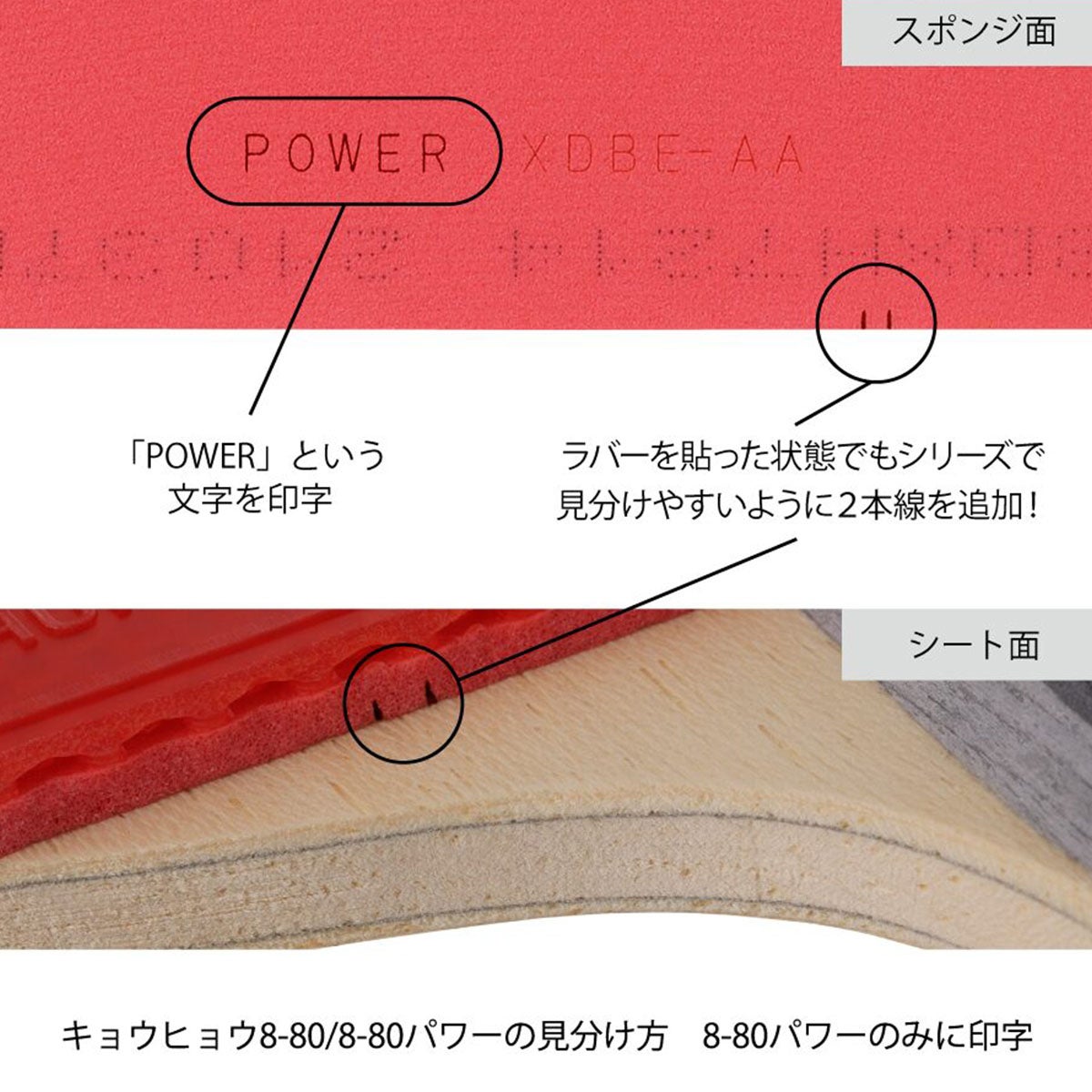 ニッタク Nittaku　キョウヒョウ8-80パワー 卓球ラバー NR-8789 レッド（20） ラバーの構造や特徴を説明する画像