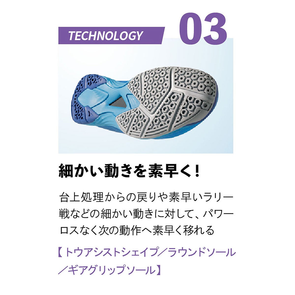 ニッタク Nittaku　MOVINGAERO ムービングエアロ 卓球シューズ NS-4442 ブルー 卓球シューズのアッパー、ソール、フィット構造などの機能・ディテールを説明する画像（3）