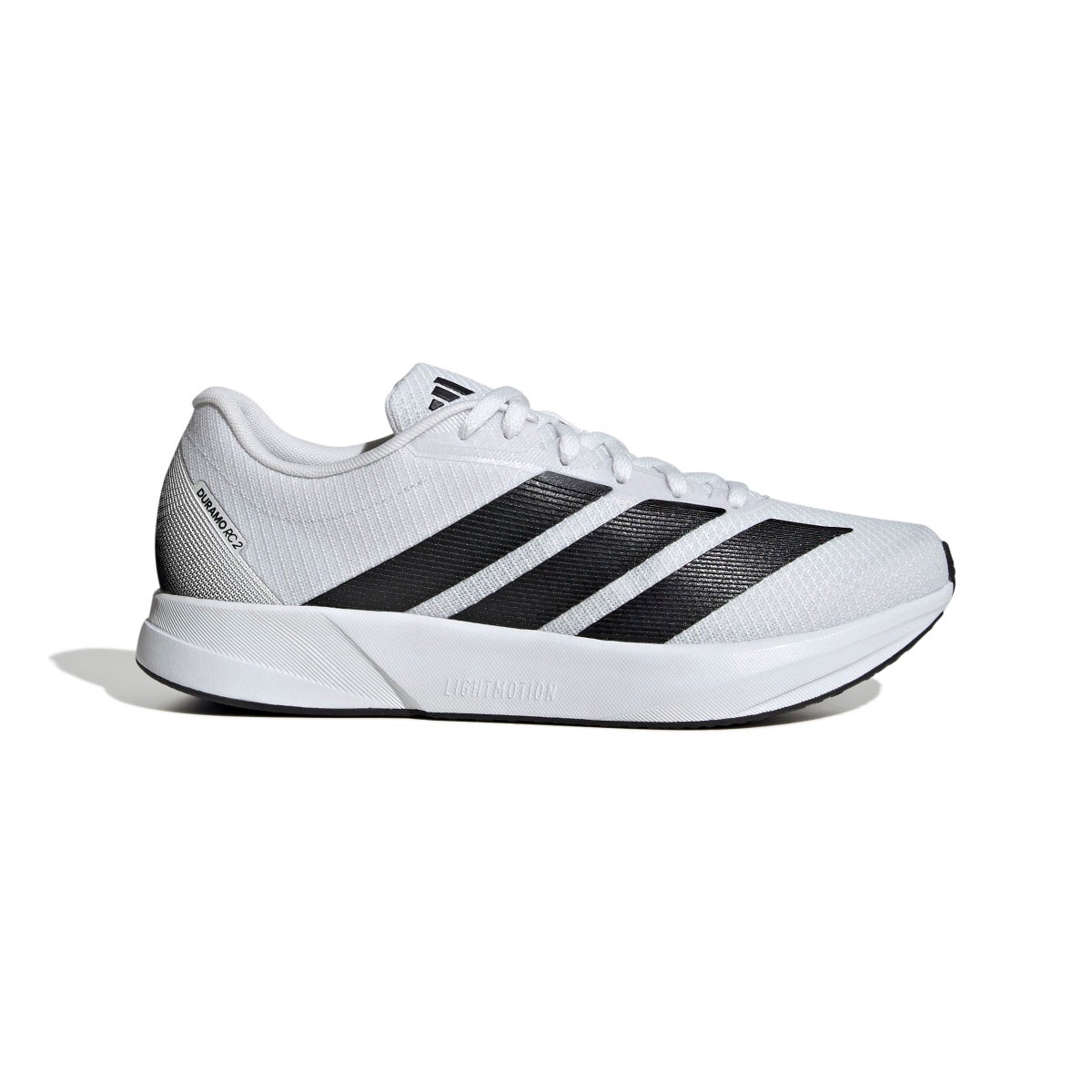 アディダス adidas　デュラモ RC2 ランニングシューズ　JS4428 ホワイト基調に黒い3本線が入ったランニングシューズの側面