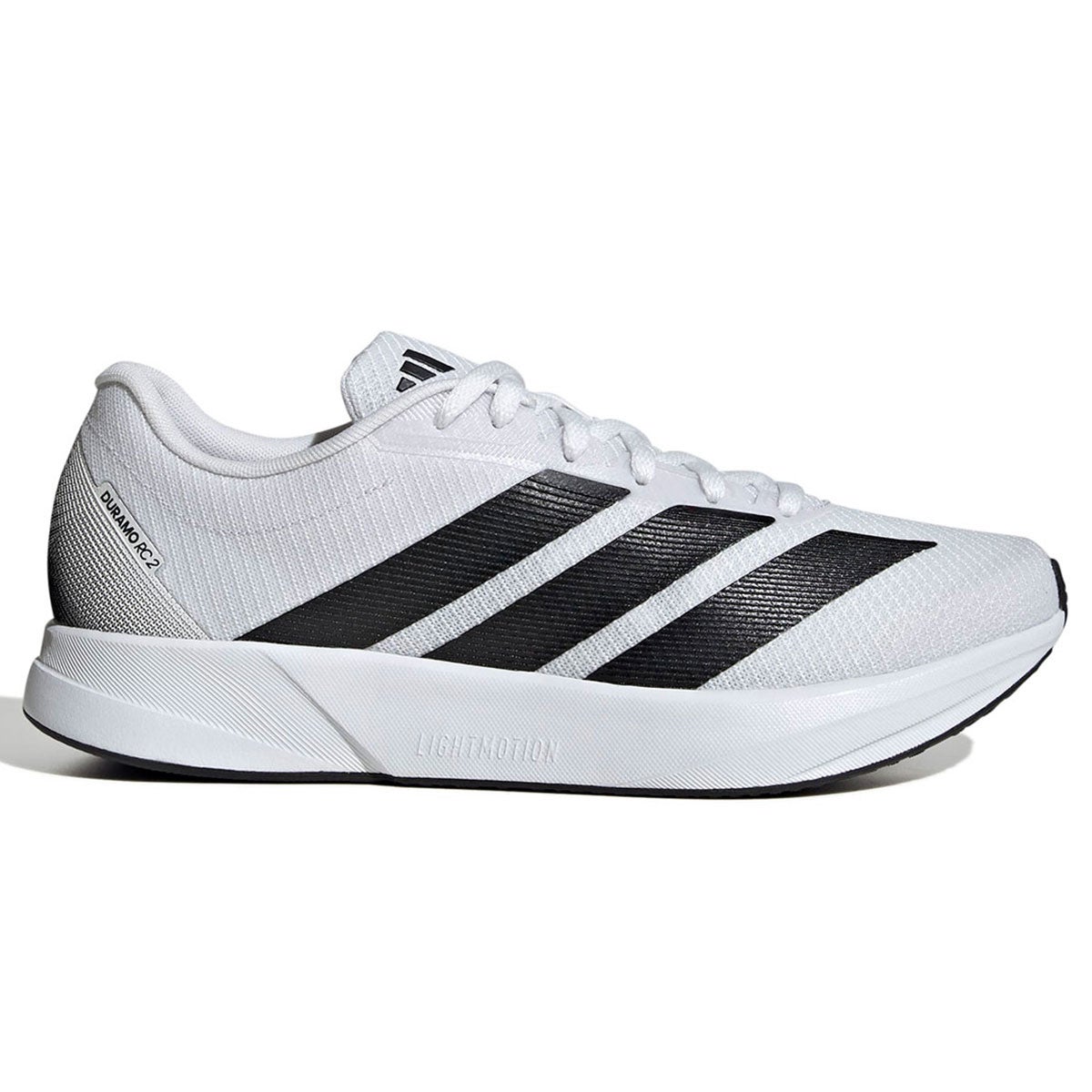 アディダス adidas　デュラモ RC2 ランニングシューズ　JS4428 ホワイト基調に黒い3本線が入ったランニングシューズの側面