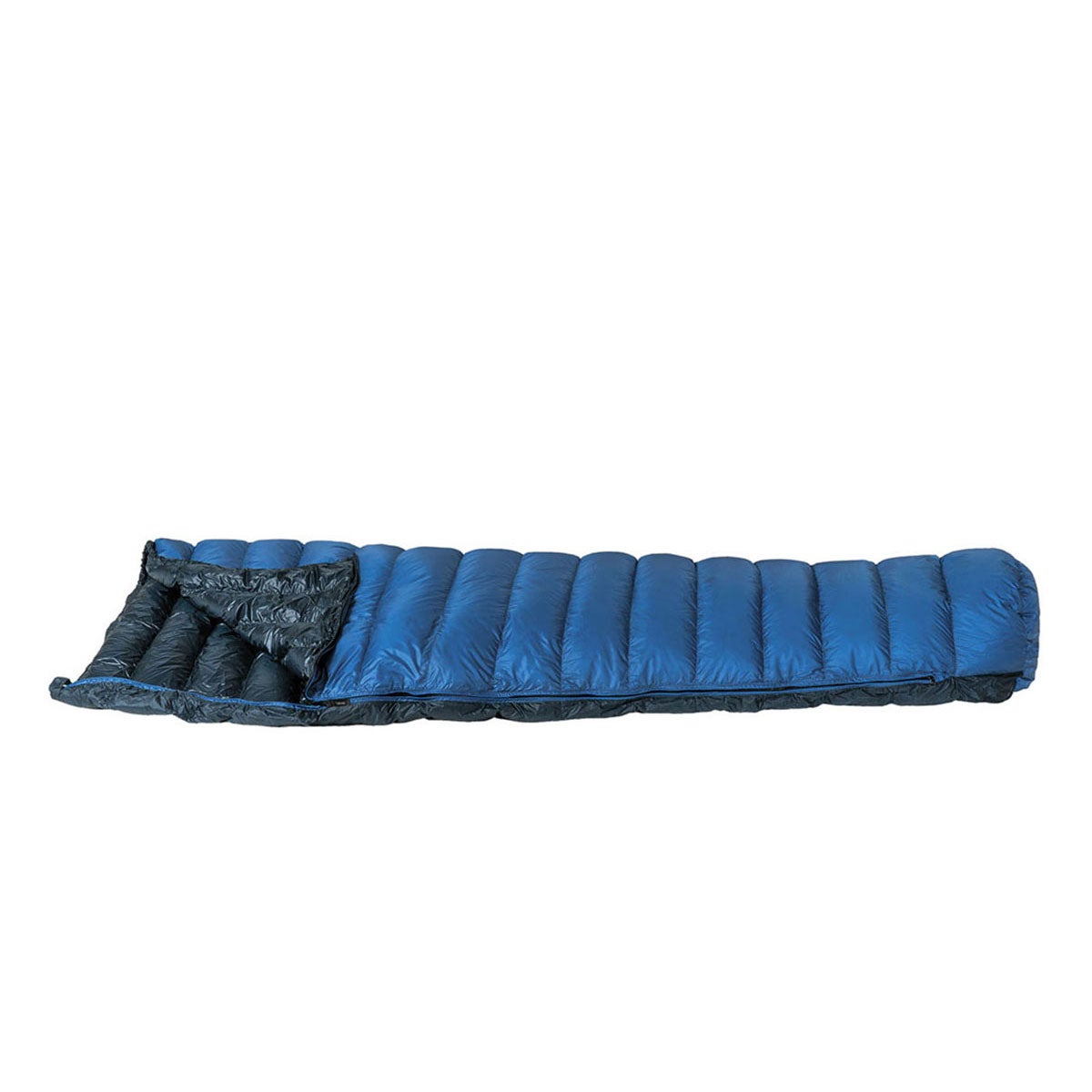 イスカ ISUKA Air Dryght 160 エアドライト 160 1384 ブルーストーン（13） ブルーの寝袋を横に伸ばし、横方向のキルティングと濃い内側を見せた写真