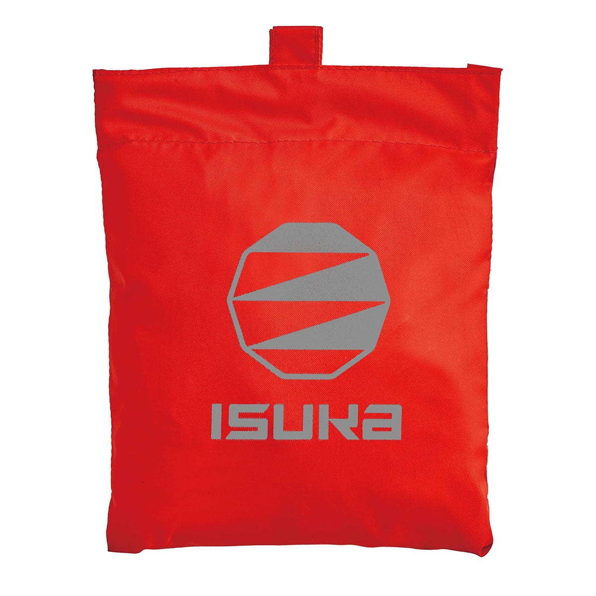 イスカ ISUKA ベーシック デイパックカバー 30 2648 レッド（19） レッドの四角い収納袋を正面から表示。中央に大きなISUKAのロゴが入り、上部に小さな持ち手がある