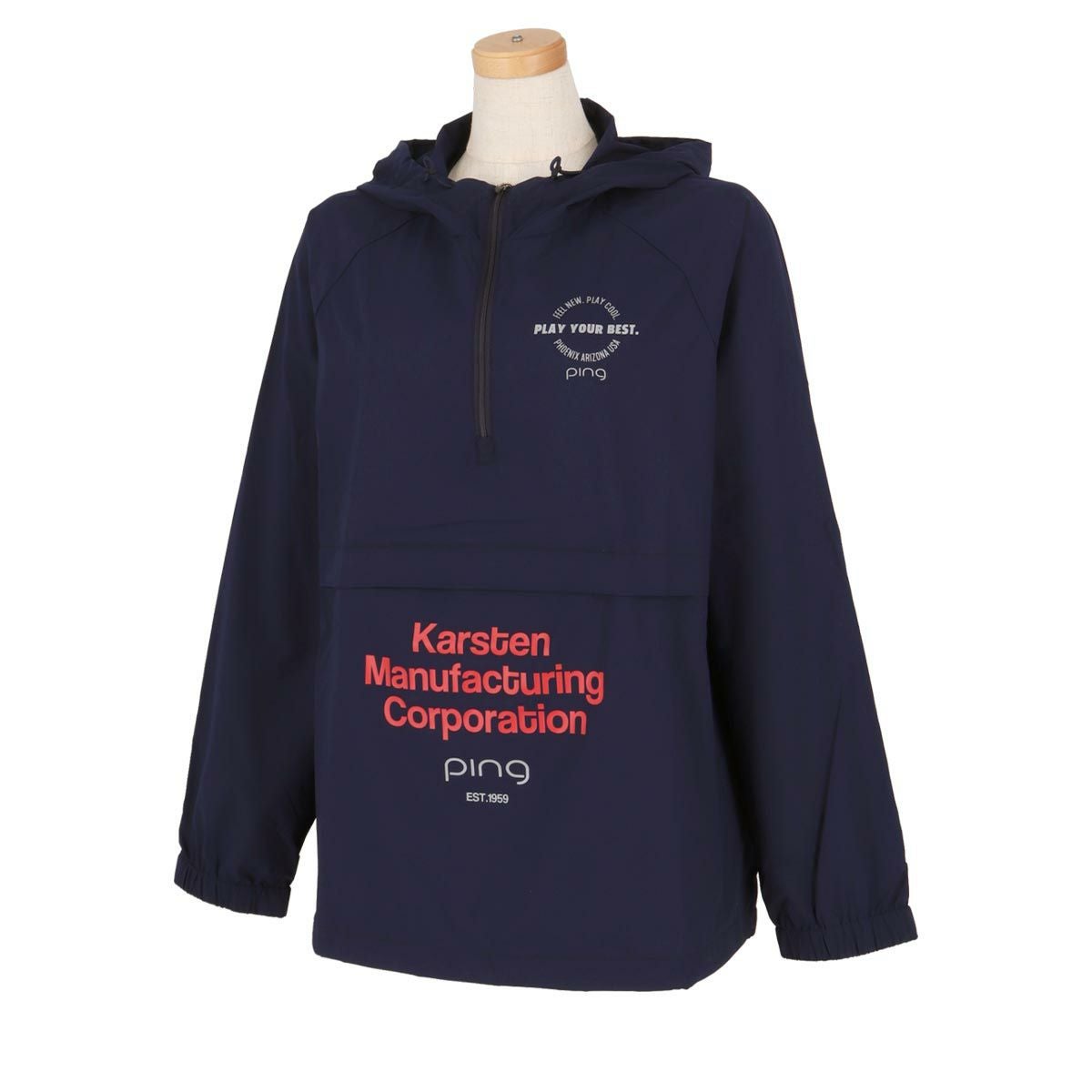 ピン PING　レディース 撥水 ストレッチ メッセージプリント ポケッタブル 長袖 ハーフジップ アノラック パーカー 622-4120202　2024年モデル ネイビー（120）