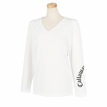 キャロウェイ Callaway　レディース ロゴプリント クールコア 天竺 ストレッチ 長袖 Vネック インナーシャツ C24932201　2024年モデル ホワイト（1030）