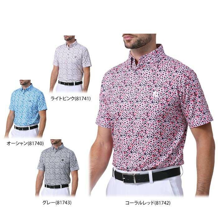 フットジョイ FootJoy　メンズ ロゴ刺繍 総柄 フラワープリント 4WAYストレッチ 半袖 ボタンダウン ポロシャツ FJ-S24-S12　2024年モデル 詳細1