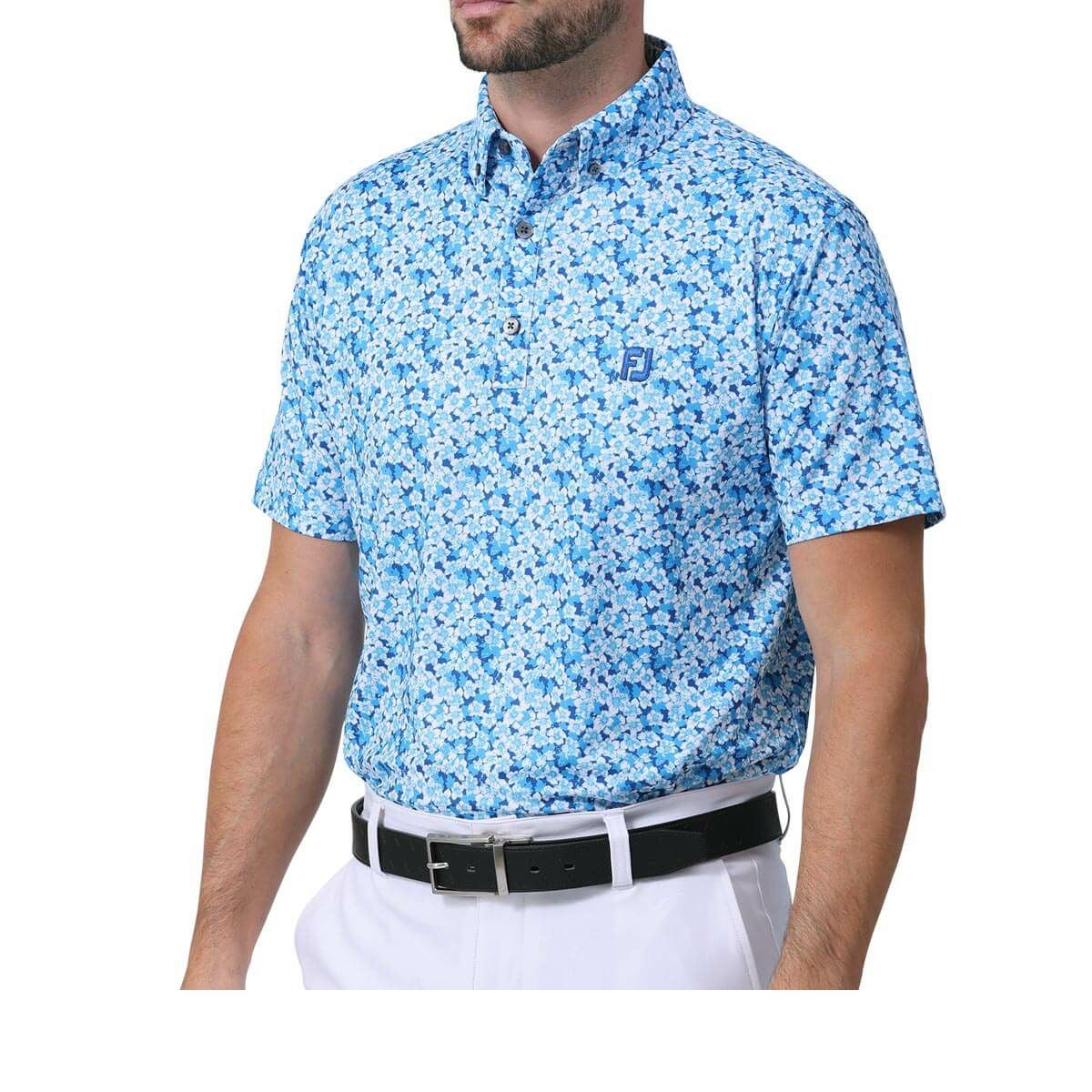 フットジョイ FootJoy　メンズ ロゴ刺繍 総柄 フラワープリント 4WAYストレッチ 半袖 ボタンダウン ポロシャツ FJ-S24-S12　2024年モデル オーシャン（81740）