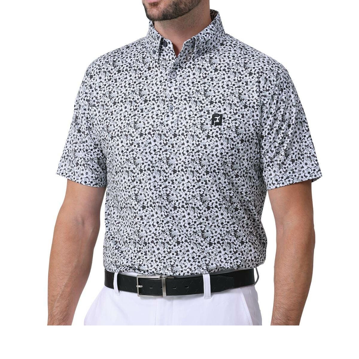 フットジョイ FootJoy　メンズ ロゴ刺繍 総柄 フラワープリント 4WAYストレッチ 半袖 ボタンダウン ポロシャツ FJ-S24-S12　2024年モデル グレー（81743）