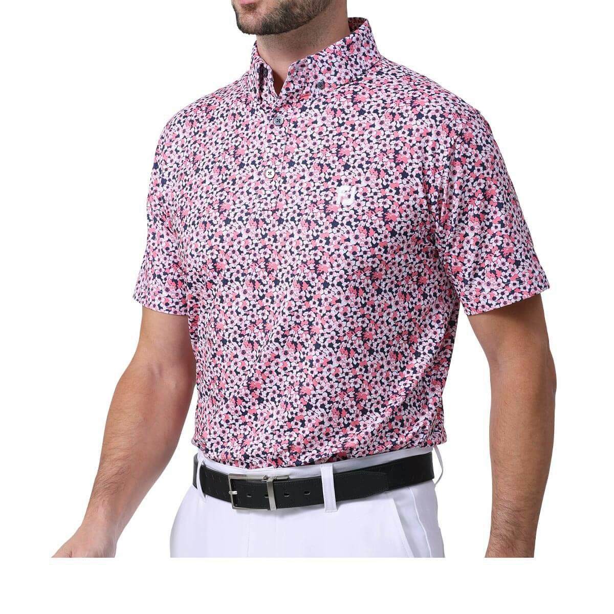 フットジョイ FootJoy　メンズ ロゴ刺繍 総柄 フラワープリント 4WAYストレッチ 半袖 ボタンダウン ポロシャツ FJ-S24-S12　2024年モデル コーラルレッド（81742）