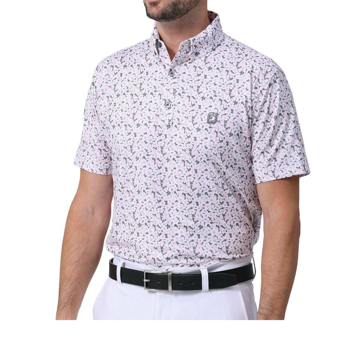 フットジョイ FootJoy　メンズ ロゴ刺繍 総柄 フラワープリント 4WAYストレッチ 半袖 ボタンダウン ポロシャツ FJ-S24-S12　2024年モデル ライトピンク（81741）