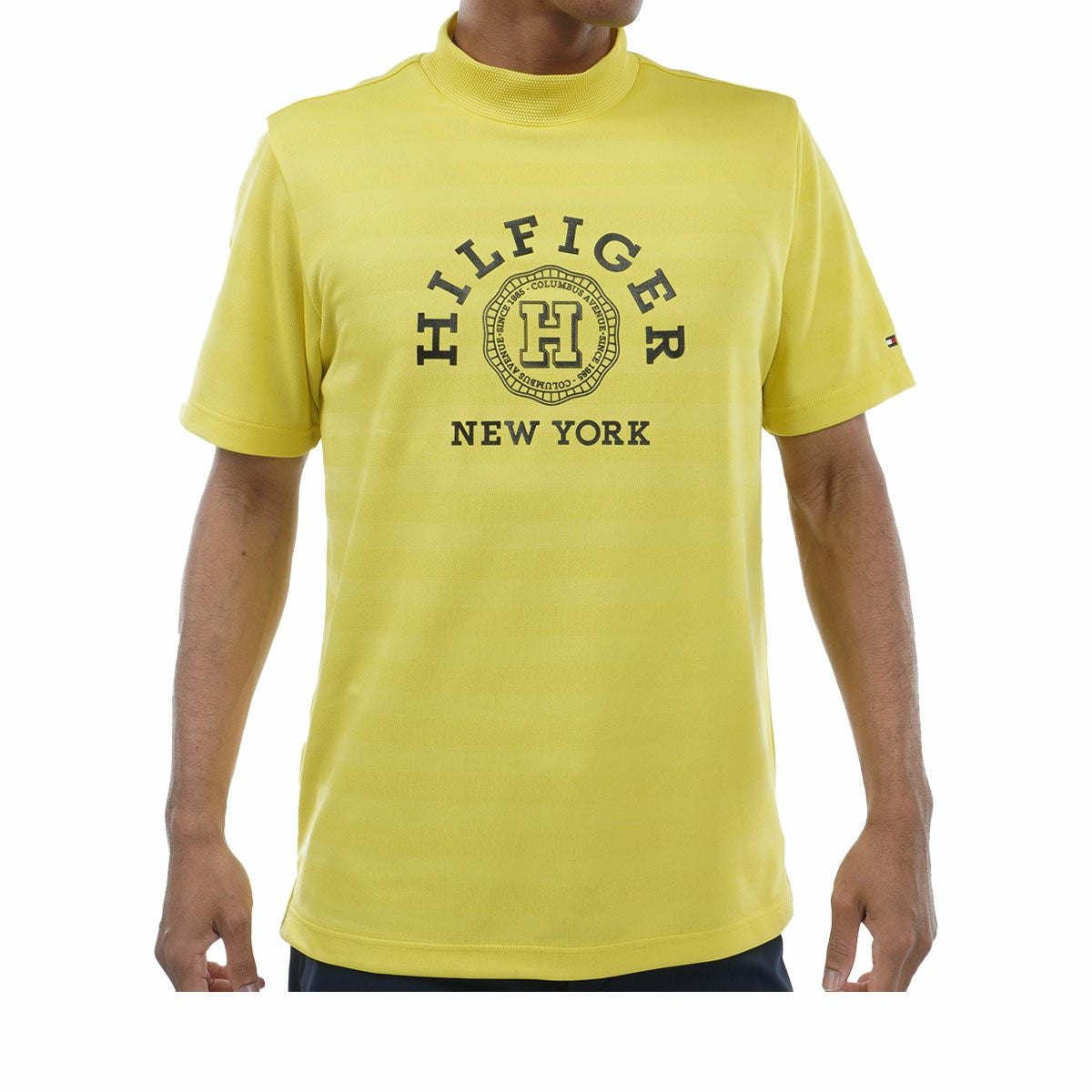 トミー ヒルフィガー ゴルフ　メンズ ロゴプリント ボーダー ジャカード ストレッチ 半袖 モックネックシャツ THMA437　2024年モデル イエロー（70）