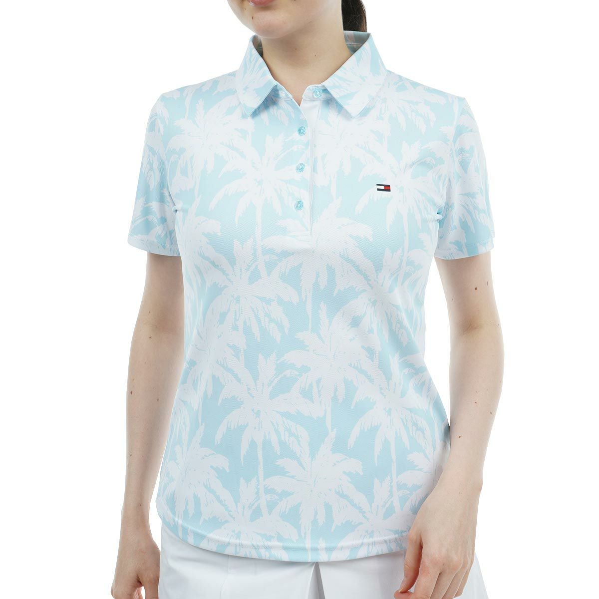 トミー ヒルフィガー ゴルフ　レディース 総柄プリント パームツリー 半袖 ポロシャツ THLA432　2024年モデル サックス（39）