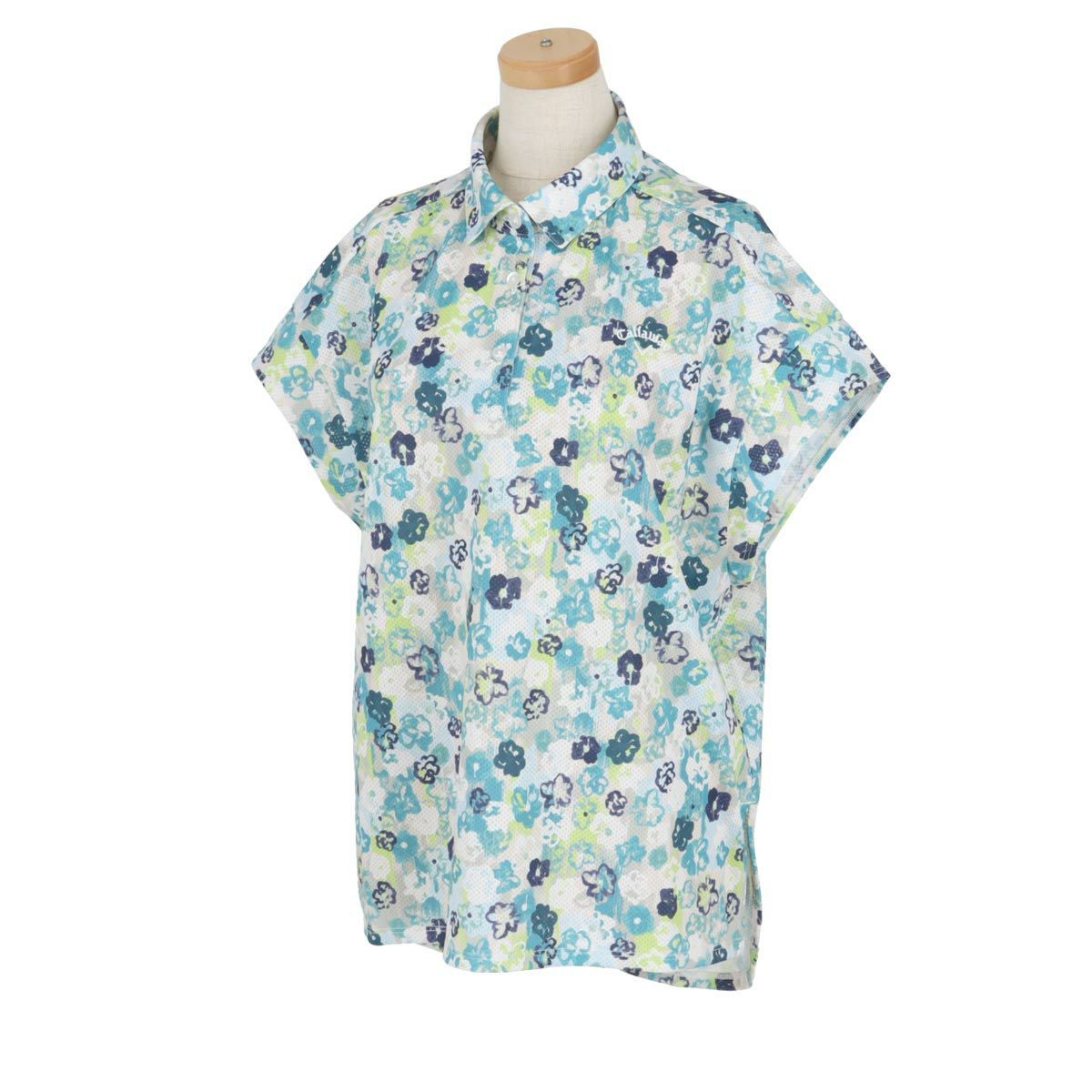 キャロウェイ Callaway　レディース 鹿の子 小花柄プリント メッシュ生地 バンドスリーブ ポロシャツ C24134217　2024年モデル ブルー（1110）