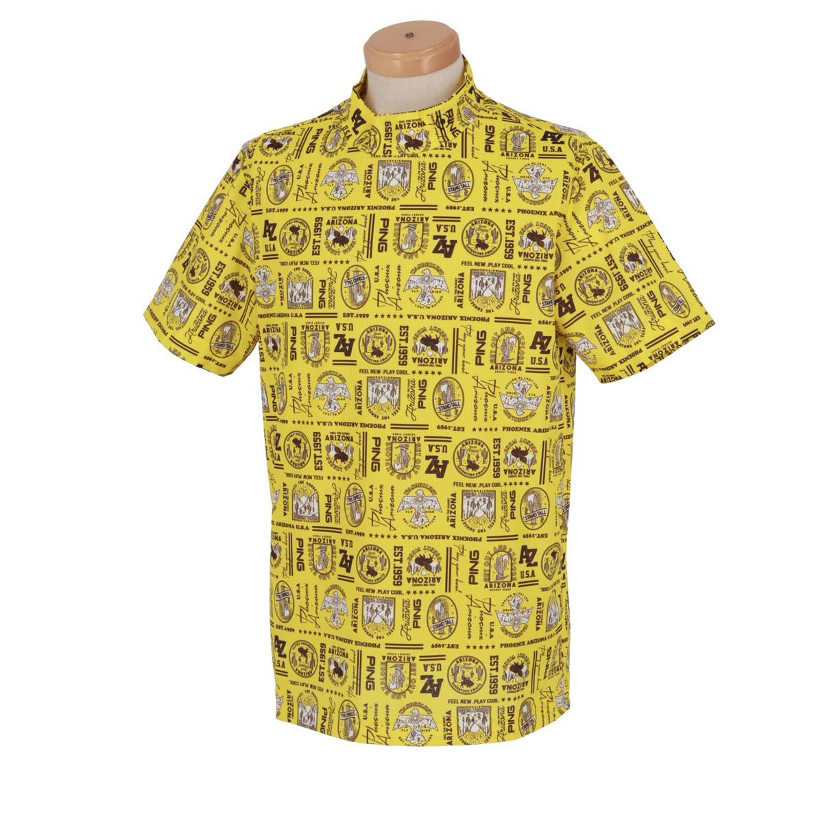 ピン PING　メンズ 総柄プリント ストレッチ 半袖 ハイネックシャツ 621-4167303　2024年モデル イエロー（060）